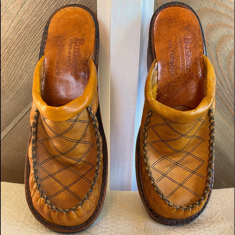 Vintage Tan Leather Mules with Stitch Detail